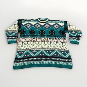 Vintage Cut 4 U Green White Geometric Sweater Long Sleeve Crew Neck One Size USA